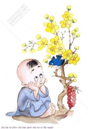 chu be va chim nho ben canh mai no ro file vector