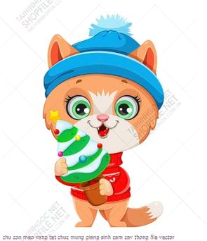 tranh cong giao chu con meo vang tet chuc mung giang sinh cam cay thong file vector