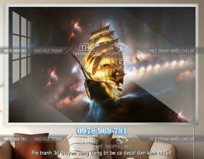 file tranh 3d thuyen vang trang tri be ca decal dan kinh t4159