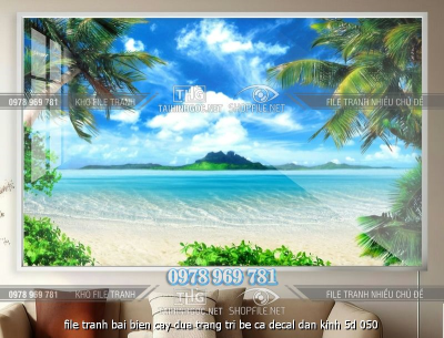 file tranh bai bien cay dua trang tri be ca decal dan kinh 5d 050