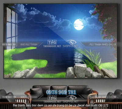 file tranh bau troi dem co soi da trang tri be ca decal dan kinh r3d 172