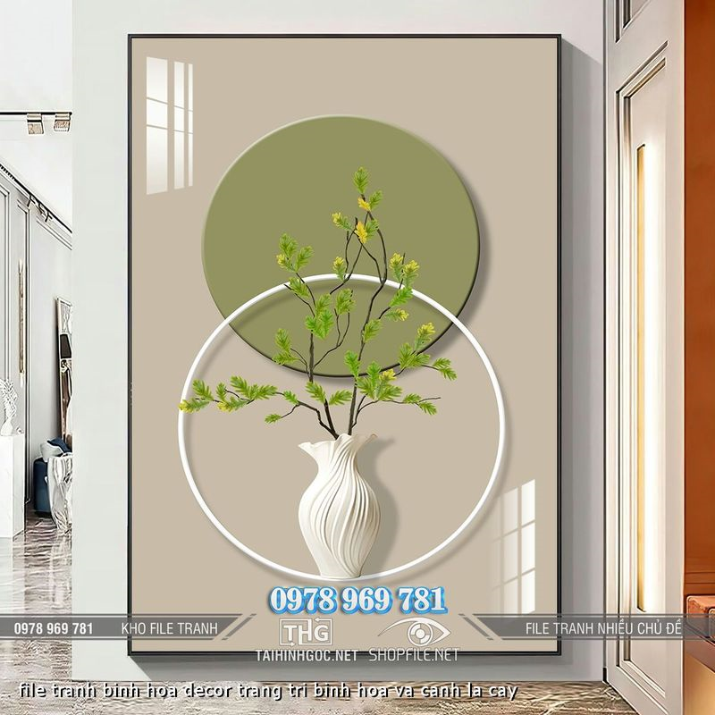 file tranh binh hoa decor trang tri binh hoa va canh la cay