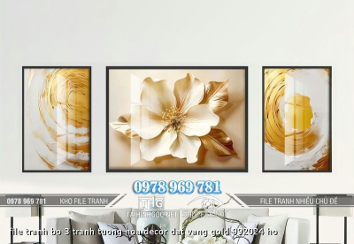 file tranh bo 3 tranh tuong hoa decor dat vang gold 992024 ho