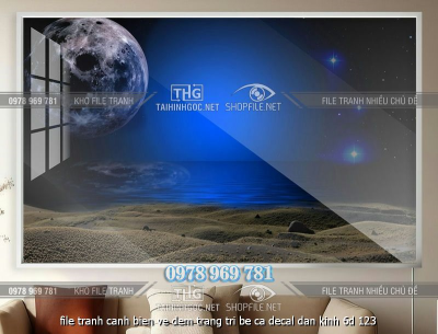 file tranh canh bien ve dem trang tri be ca decal dan kinh 6d 123