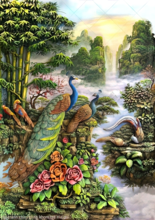 file tranh chim cong khom tre nui doi