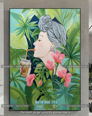 file tranh co gai uong tra sua va hoa la