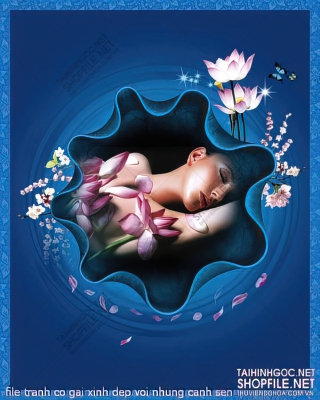 file tranh co gai xinh dep voi nhung canh sen