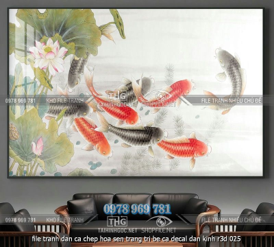 file tranh dan ca chep hoa sen trang tri be ca decal dan kinh r3d 025