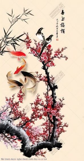 file tranh decor nghe thuat canh dao va ca koi