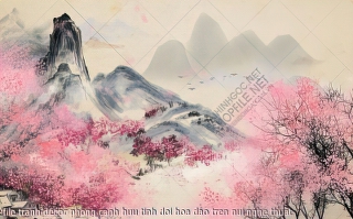 file tranh decor phong canh huu tinh doi hoa dao tren nui nghe thuat