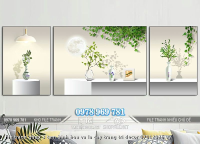file tranh ghep 3 tam binh hoa va la cay trang tri decor 07012025 vy