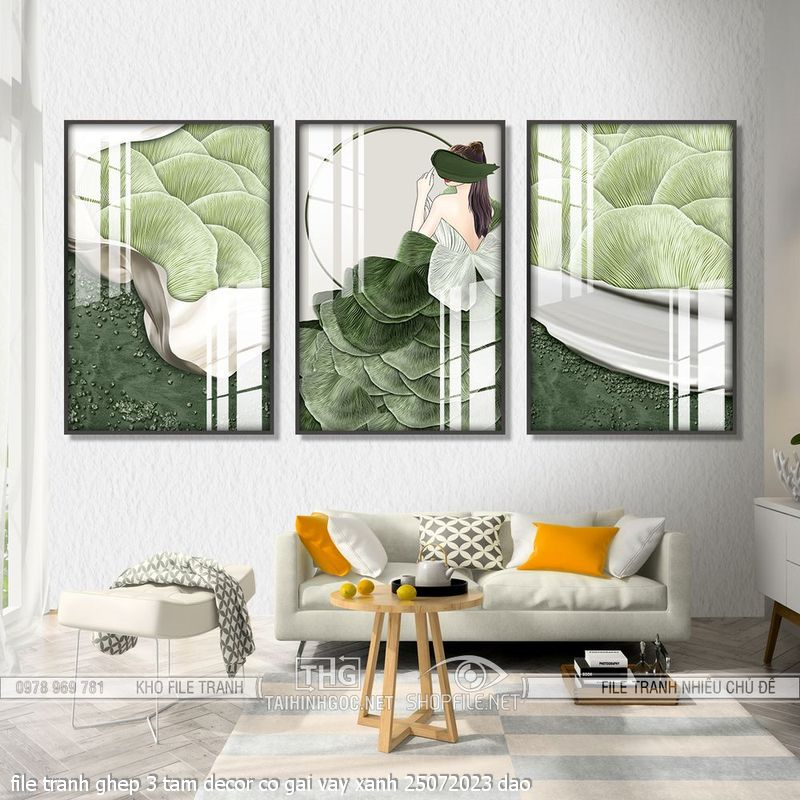 file tranh ghep 3 tam decor co gai vay xanh 25072023 dao