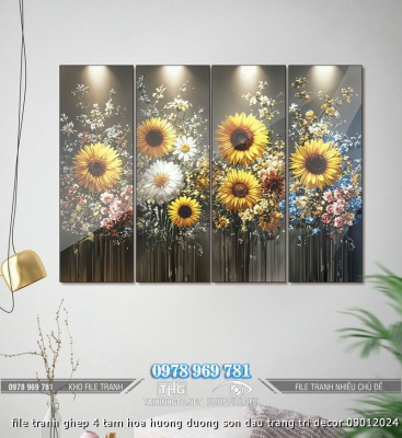 file tranh ghep 4 tam hoa huong duong son dau trang tri decor 09012024