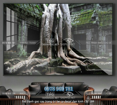 file tranh goc cay trang tri be ca decal dan kinh r3d 084