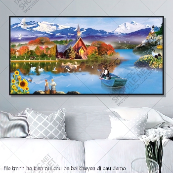 file tranh ho tren nui cau be boi thuyen di cau