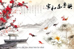 file tranh hoa ca koi va chu thu phap ben ho nhoi