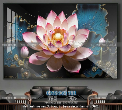 file tranh hoa sen 3d trang tri be ca decal dan kinh 3401