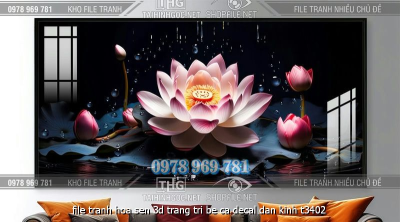 file tranh hoa sen 3d trang tri be ca decal dan kinh t3402
