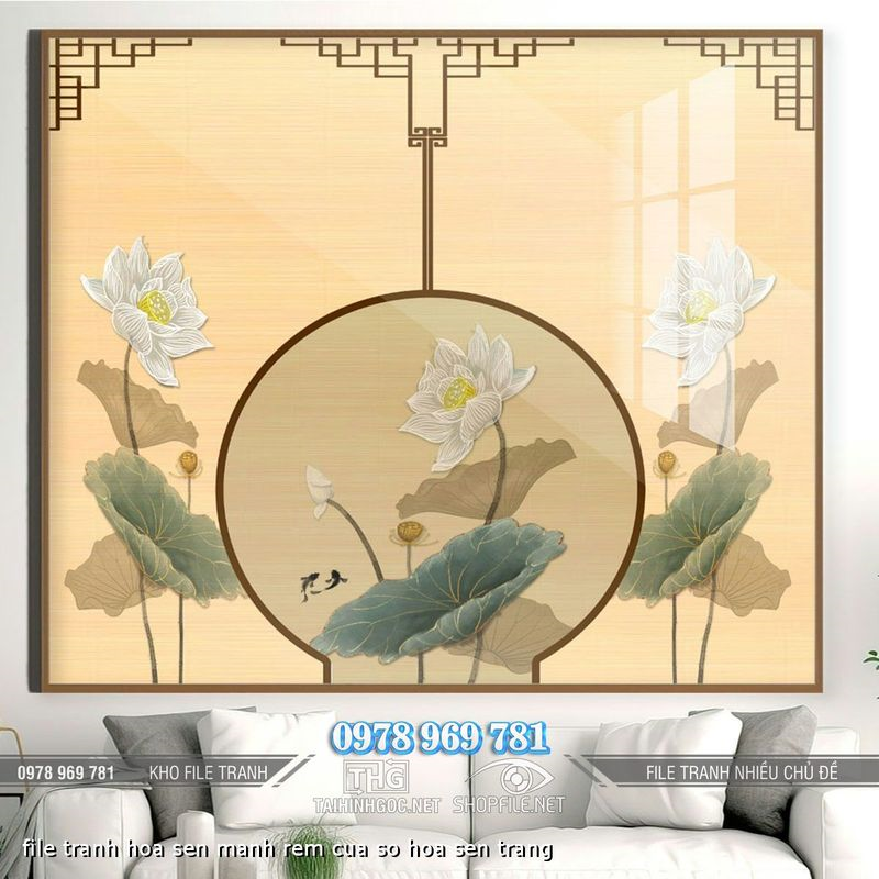 file tranh hoa sen manh rem cua so hoa sen trang
