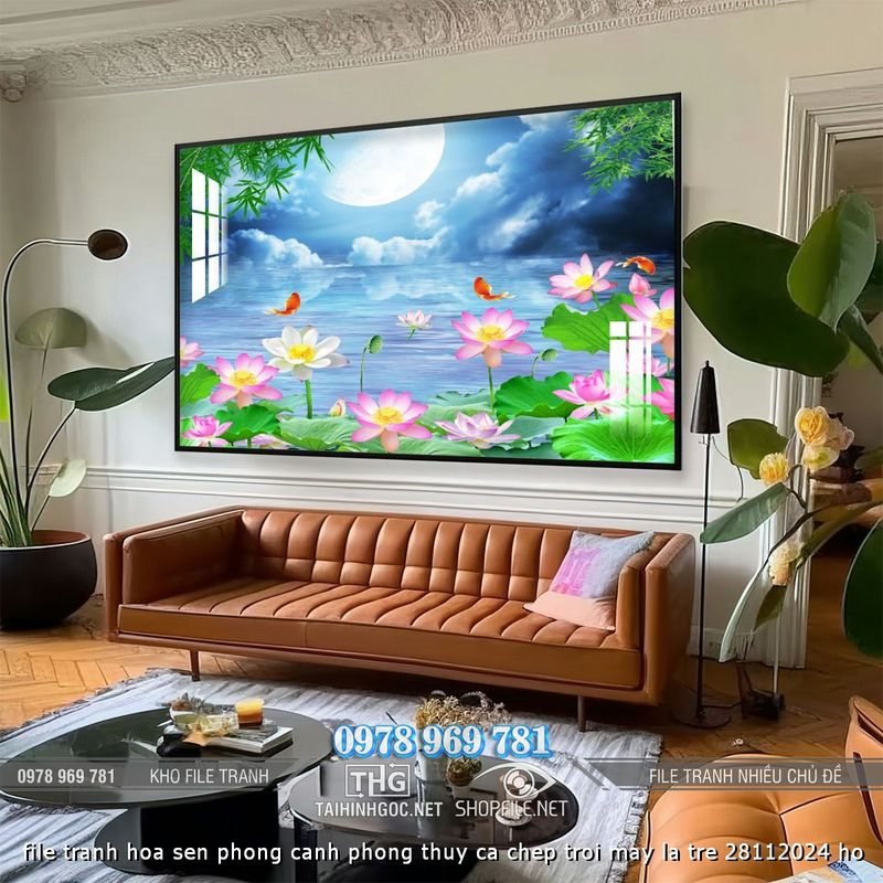 file tranh hoa sen phong canh phong thuy ca chep troi may la tre 28112024 ho
