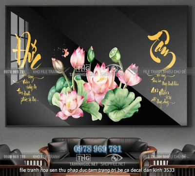 file tranh hoa sen thu phap duc tam trang tri be ca decal dan kinh 3533
