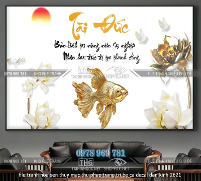 file tranh hoa sen thuy mac thu phap trang tri be ca decal dan kinh 2621