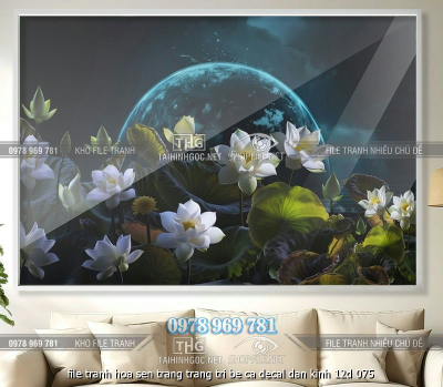 file tranh hoa sen trang trang tri be ca decal dan kinh 12d 075