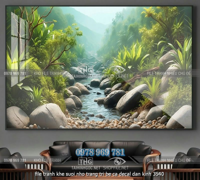 file tranh khe suoi nho trang tri be ca decal dan kinh 3540