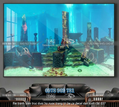file tranh kien truc duoi ho nuoc trang tri be ca decal dan kinh r3d 037