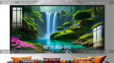 file tranh nui thac nuoc trang tri be ca decal dan kinh t2756