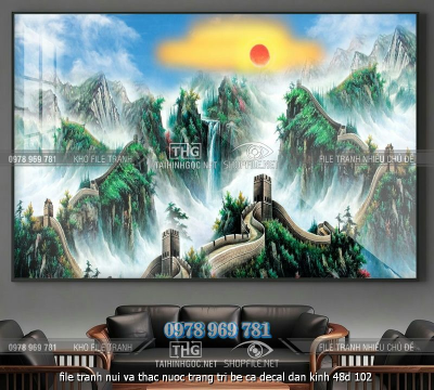 file tranh nui va thac nuoc trang tri be ca decal dan kinh 48d 102