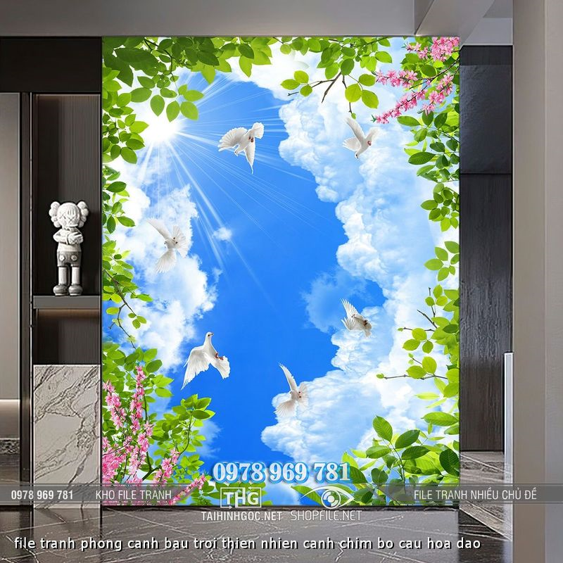 file tranh phong canh bau troi thien nhien canh chim bo cau hoa dao