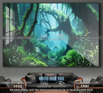file tranh phong canh ben trong rung trang tri be ca decal dan kinh 4028
