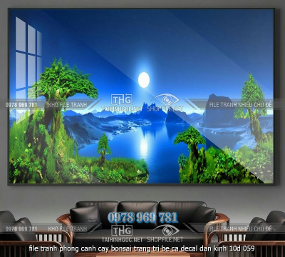 file tranh phong canh cay bonsai trang tri be ca decal dan kinh 10d 059