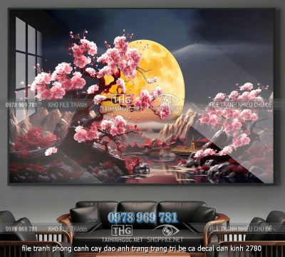file tranh phong canh cay dao anh trang trang tri be ca decal dan kinh 2780