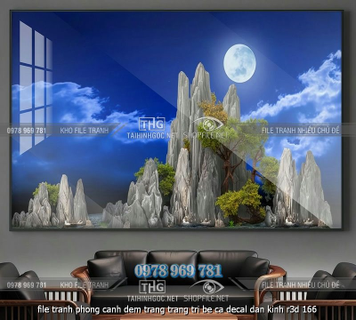 file tranh phong canh dem trang trang tri be ca decal dan kinh r3d 166