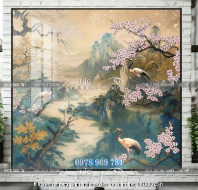file tranh phong canh nui hoa dao va chim hac 08122025 h