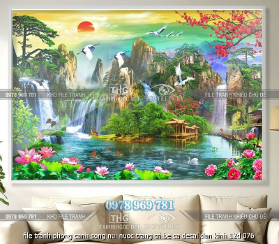 file tranh phong canh song nui nuoc trang tri be ca decal dan kinh 12d 076