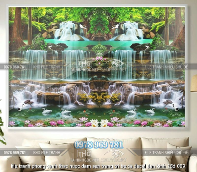 file tranh phong canh thac nuoc dam sen trang tri be ca decal dan kinh 15d 009