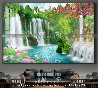file tranh phong canh thac nuoc trang tri be ca decal dan kinh 019