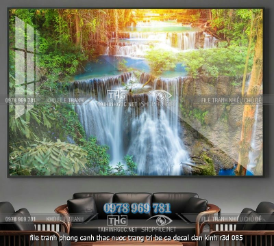 file tranh phong canh thac nuoc trang tri be ca decal dan kinh r3d 085