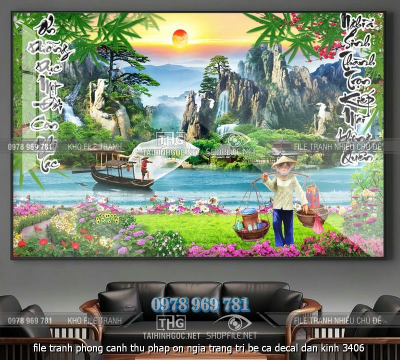 file tranh phong canh thu phap on ngia trang tri be ca decal dan kinh 3406