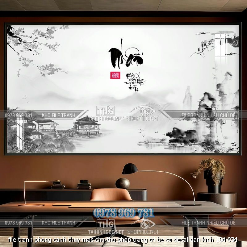file tranh phong canh thuy mac chu thu phap trang tri be ca decal dan kinh 10d 034