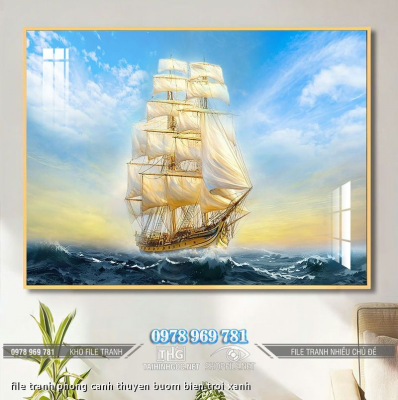 file tranh phong canh thuyen buom bien troi xanh