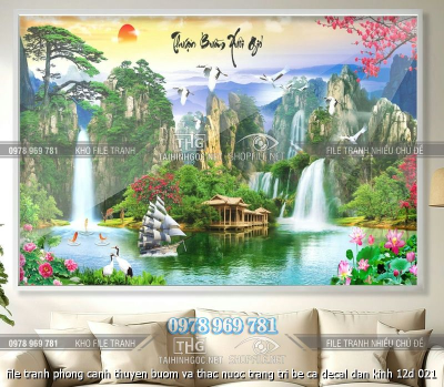 file tranh phong canh thuyen buom va thac nuoc trang tri be ca decal dan kinh 12d 021