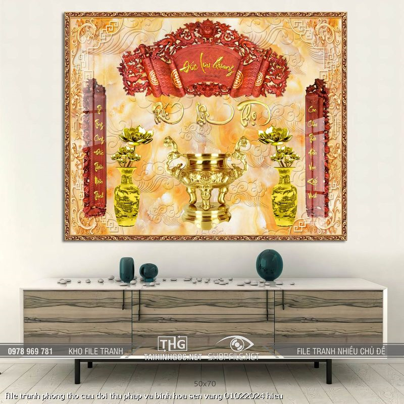 file tranh phong tho cau doi thu phap va binh hoa sen vang 01022024 hieu