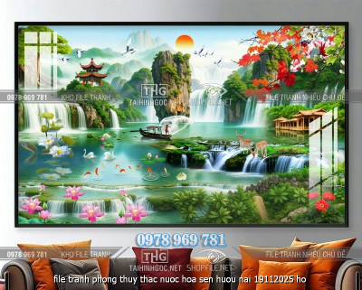 file tranh phong thuy thac nuoc hoa sen huou nai 19112025 ho