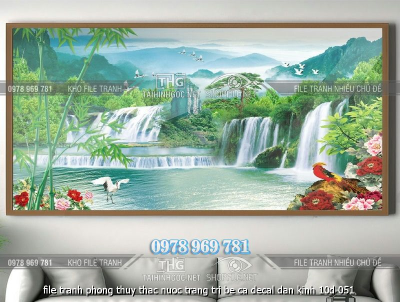 file tranh phong thuy thac nuoc trang tri be ca decal dan kinh 10d 051