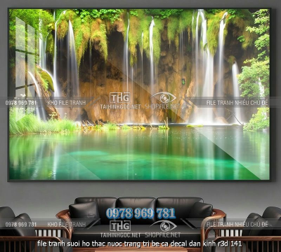 file tranh suoi ho thac nuoc trang tri be ca decal dan kinh r3d 141