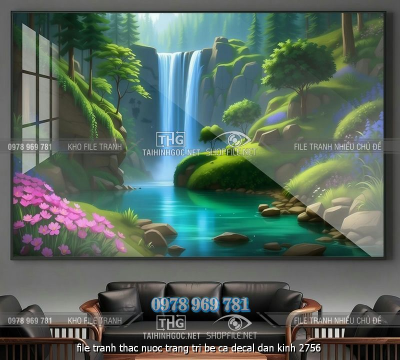 file tranh thac nuoc trang tri be ca decal dan kinh 2756